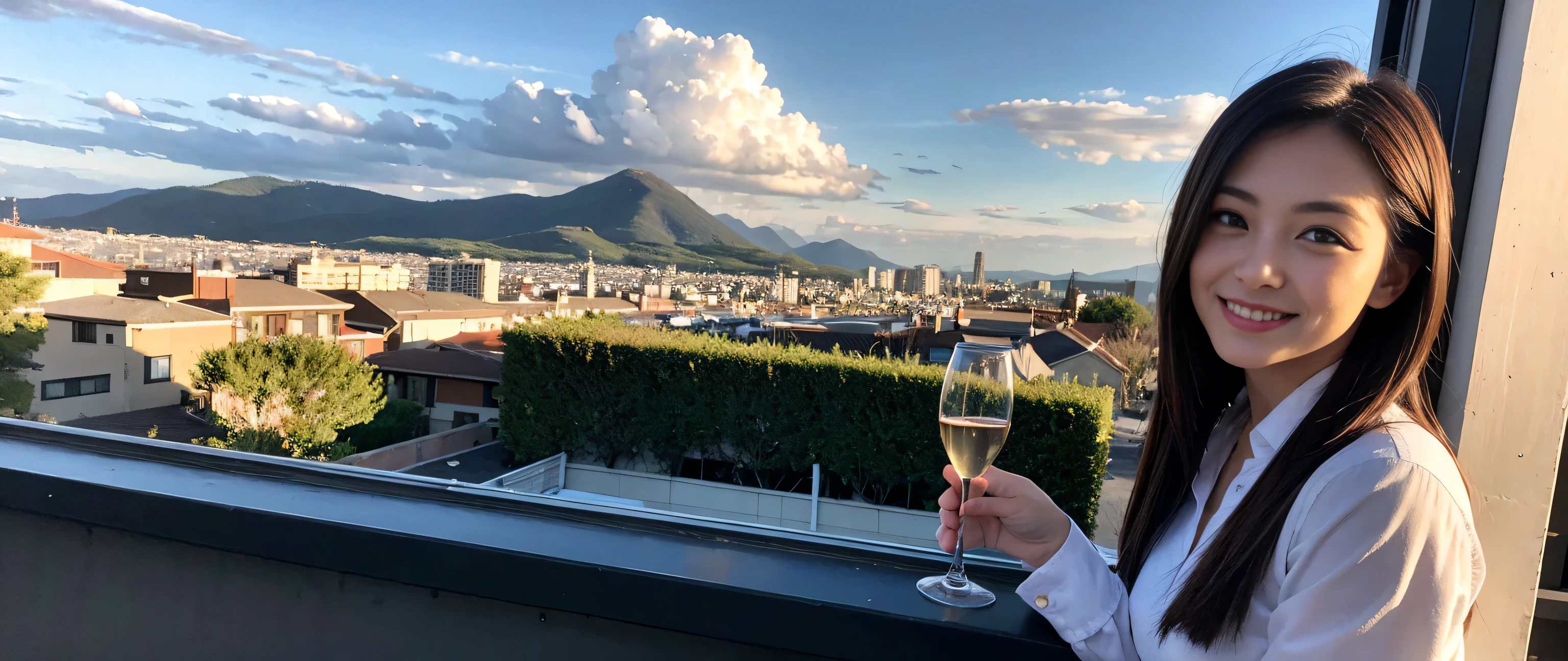 ((highest quality、8k、masterpiece:1.3))、Sharp focus:1.2、Beautiful woman perfect body:1.4、Slim body、((Bob Hale、Straight hair:1.2))、(to be born, highest quality, masterpiece:1.5), (Realistic, Intricate details:1.2), Wine glass on the table、shine a light on your face、 Amazing view of the sunset sky and clouds、Amazing mountain views、A bright smile、A lovely woman with a smile、Bright image、2. The beauty of wine, Beautiful Face, blue eyes, The light shines on your face, Blushing, short hair,Bright Face、Fox face、 (43 years old), 39 years old, Lady、red wine 、Appetizers、Italian food、Wine bottle、Champagne、sparkling wine、Two beauties、Brown Hair、Shortcuts、Long sleeve shirt、dress、Pretty Woman 1, (Slim face), (The body is slim), (Brown Hair), (Shortcuts), cheeks turn a little red,Attractive beauty、, Out of the window, A beautiful and detailed night view unfolds.........., restaurant, In a prominent place (From the waist up) Nova Frog Style, actress, model, Upper Body, White wine, slim, wine glass, A wine glass placed in the middle, smile, (smile: 1.15), Beautiful fine grain, Depth f/2,saturation, High Contrast, Strong light and shadow,Moist Body:1.5、3D texture、Delicate eyes、Brown Hair、The hair is very shiny、