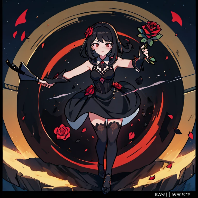 Black dress, dark hair, heels, dark eyes , a rose in her hand , rose flowers around , rose petals fly in the air , sun , black panties with a rose pattern , stockings , 8K best graphics best details