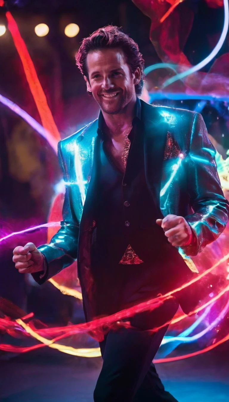 A charismatic gamemaster with a showman's attitude. He's a highly energetic man in his thirties, with pronounced angular features and carefully tousled mahogany hair. His turquoise eyes sparkle with enthusiasm as he addresses us directly with a beaming smile.
He wears an impeccable bright red three-piece suit, with electric fluorescent geometric stitching. His black polished boots rise to mid-calf. A thin, loose tie hangs from his open collar. A professional earpiece hangs from his ear.
He stands on tiptoe, exalted, brandishing a glow-stick vertically like a showman. Spinning holograms project multicolored laser beams around him.
The background is a huge darkened auditorium with thousands of lights and special effects, seemingly celebrating an electrifying grand finale.
The style is very energetic and dynamic, slightly pushed into bright vivid tones. The play of light is important, with beautiful shimmering effects. The whole should convey the infectious enthusiasm of an incredible showman.