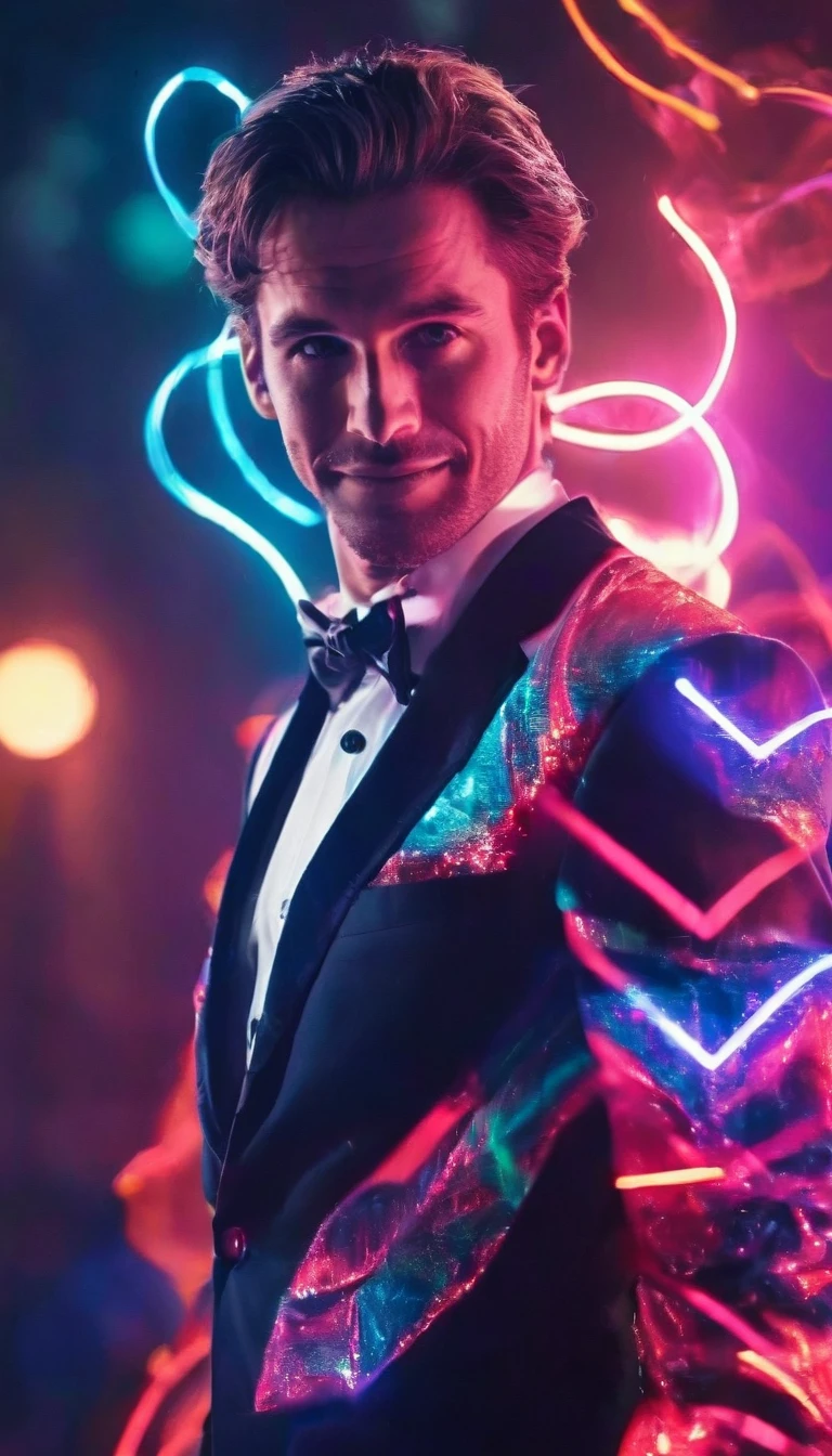 A charismatic gamemaster with a showman's attitude. He's a highly energetic man in his thirties, with pronounced angular features and carefully tousled mahogany hair. His turquoise eyes sparkle with enthusiasm as he addresses us directly with a beaming smile.
He wears an impeccable bright red three-piece suit, with electric fluorescent geometric stitching. His black polished boots rise to mid-calf. A thin, loose tie hangs from his open collar. A professional earpiece hangs from his ear.
He stands on tiptoe, exalted, brandishing a glow-stick vertically like a showman. Spinning holograms project multicolored laser beams around him.
The background is a huge darkened auditorium with thousands of lights and special effects, seemingly celebrating an electrifying grand finale.
The style is very energetic and dynamic, slightly pushed into bright vivid tones. The play of light is important, with beautiful shimmering effects. The whole should convey the infectious enthusiasm of an incredible showman.
