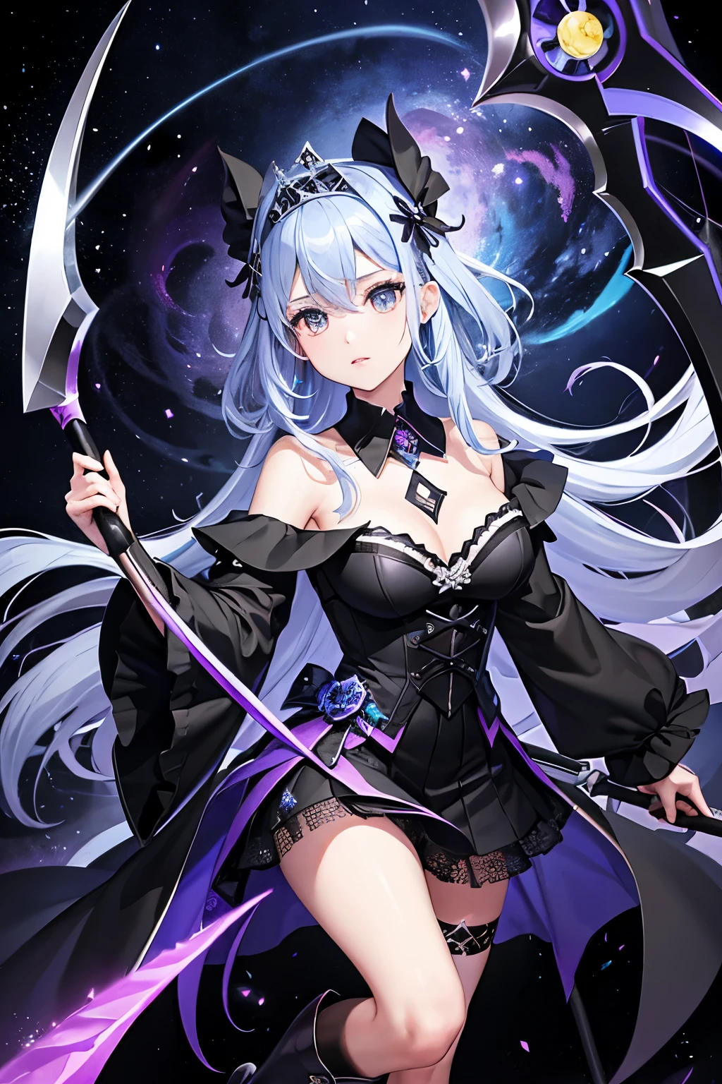 (((highest quality、first-class、masterpiece、Normal body、8k、Detailed face、Ultra-precision、Normal hand、Normal finger、5Finger、)))Blue and silver hair、Princess、Black Dress、Off the shoulder、Black Skirt、Fishnet tights、Ridiculous Costumes、Shiny Tiara、Metal Boots、Death Scythe、Dark Scythe、Grim Reaper、grim Reaper、Colorful Magic Light、magic cirlcle、Order and Chaoyth、Collapsed galaxy、Dimensional Destruction、Paradox、Matrix、Cesar、Galaxy Center、Slash the galaxy with your scythe、Wielding a scythe、Slice with a scythe