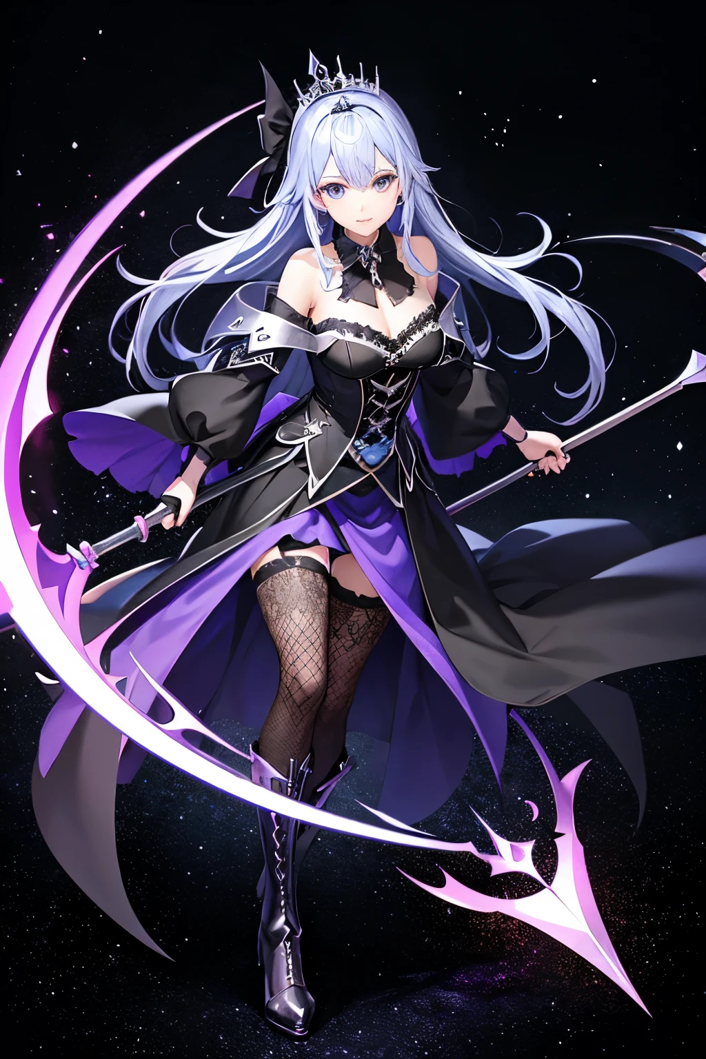 （（（highest quality、first-class、masterpiece、Normal body、8k、Detailed face、Ultra-precision、Normal hand、Normal finger、５Finger、）））Blue and silver hair、Princess、Black Dress、Off the shoulder、Black Skirt、Fishnet tights、Ridiculous Costumes、Shiny Tiara、Metal Boots、Death Scythe、Dark Scythe、Grim Reaper、grim Reaper、Colorful Magic Light、magic cirlcle、Order and Chaoyth、Collapsed galaxy、Dimensional Destruction、Paradox、Matrix、Cesar、Galaxy Center、Slash the galaxy with your scythe、Wielding a scythe、Slice with a scythe