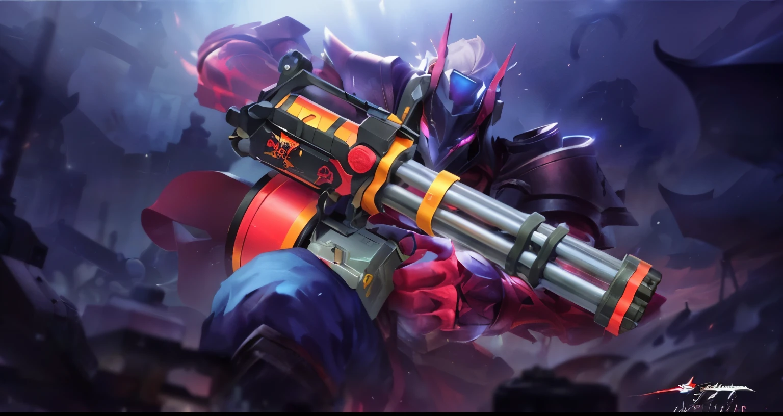 a close up of a gun with a red and yellow handle, splash art, minigun, riot background, riot game, official splash art, artifact dota2, gatling gun, vulcaon machine gun, huge weapon, from league of legends, agent pekka, valve promotional splash art, laser cannon, holding a giant weapon, slick clammy skin, riot games