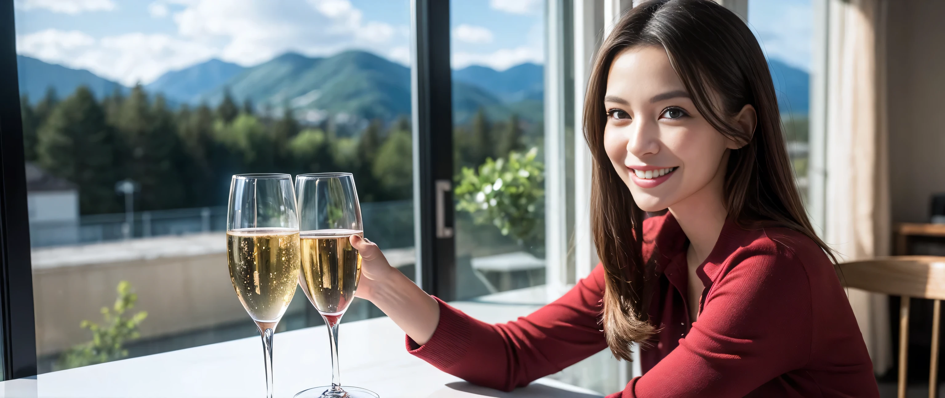 ((highest quality、8k、masterpiece:1.3))、Sharp focus:1.2、Beautiful woman perfect body:1.4、Slim body、((Bob Hale、Straight hair:1.2))、(to be born, highest quality, masterpiece:1.5), (Realistic, Intricate details:1.2), Wine glass on the table、shine a light on your face、 Amazing view of the sunset sky and clouds、Amazing mountain views、A bright smile、A lovely woman with a smile、Bright image、2. The beauty of wine, Beautiful Face, blue eyes, The light shines on your face, Blushing, short hair,Bright Face、Fox face、 (43 years old), 39 years old, Lady、red wine 、Appetizers、Italian food、Wine bottle、Champagne、sparkling wine、Two beauties、Brown Hair、Shortcuts、Long sleeve shirt、dress、Pretty Woman 1, (Slim face), (The body is slim), (Brown Hair), (Shortcuts), cheeks turn a little red,Attractive beauty、, Out of the window, A beautiful and detailed night view unfolds.........., restaurant, In a prominent place (From the waist up) Nova Frog Style, actress, model, Upper Body, White wine, slim, wine glass, A wine glass placed in the middle, smile, (smile: 1.15), Beautiful fine grain, Depth f/2,saturation, High Contrast, Strong light and shadow,Moist Body:1.5、3D texture、Delicate eyes、Brown Hair、The hair is very shiny、