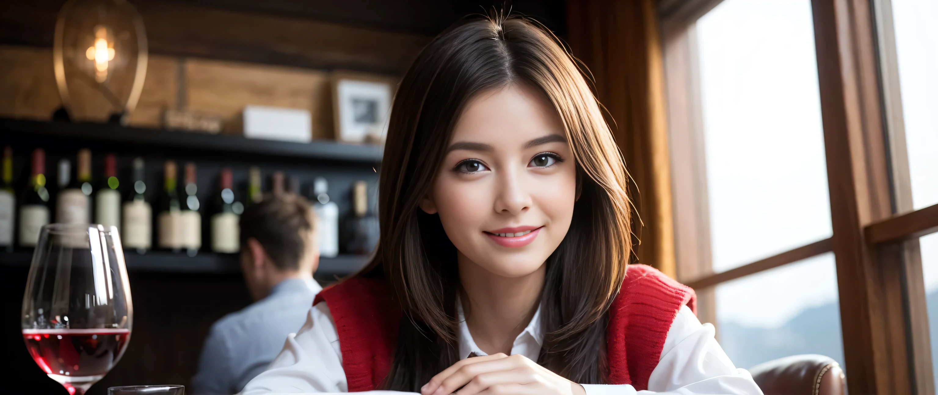 ((highest quality、8k、masterpiece:1.3))、Sharp focus:1.2、Beautiful woman perfect body:1.4、Slim body、((Bob Hale、Straight hair:1.2))、(to be born, highest quality, masterpiece:1.5), (Realistic, Intricate details:1.2), Wine glass on the table、shine a light on your face、 Amazing view of the sunset sky and clouds、Amazing mountain views、A bright smile、A lovely woman with a smile、Bright image、2. The beauty of wine, Beautiful Face, blue eyes, The light shines on your face, Blushing, short hair,Bright Face、Fox face、 (43 years old), 39 years old, Lady、red wine 、Appetizers、Italian food、Wine bottle、Champagne、sparkling wine、Two beauties、Brown Hair、Shortcuts、Long sleeve shirt、dress、Pretty Woman 1, (Slim face), (The body is slim), (Brown Hair), (Shortcuts), cheeks turn a little red,Attractive beauty、, Out of the window, A beautiful and detailed night view unfolds.........., restaurant, In a prominent place (From the waist up) Nova Frog Style, actress, model, Upper Body, White wine, slim, wine glass, A wine glass placed in the middle, smile, (smile: 1.15), Beautiful fine grain, Depth f/2,saturation, High Contrast, Strong light and shadow,Moist Body:1.5、3D texture、Delicate eyes、Brown Hair、The hair is very shiny、