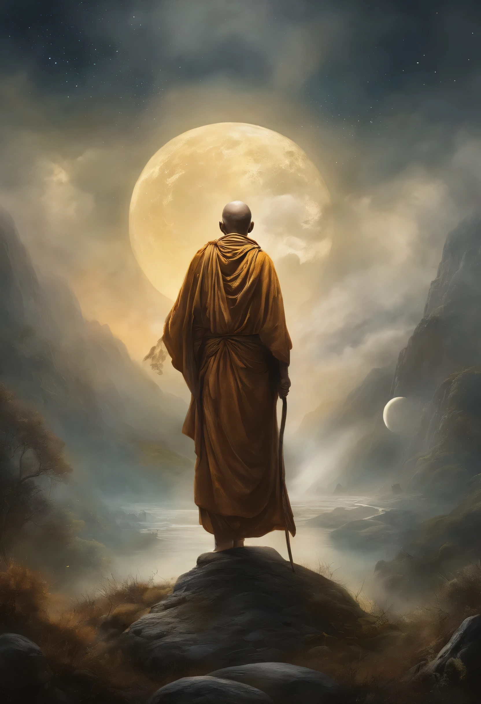 masterpiece, best quality, ultra-detailed, illustration, buddhist monk praying, A large stone Buddha statue in the distance, solo, fantasy, flying, broom, night sky, outdoors, magic, spells, moon, stars, clouds, wind, cape, broomstick, glowing, mysterious, enchanting, whimsical, playful, adventurous, freedom, wonder, imagination, determination, skill, speed, movement, energy, realism, naturalistic, figurative, representational, beauty, fantasy culture, mythology, fairy tales, folklore, legends, witches, wizards, magical creatures, fantasy worlds, composition, scale, foreground, middle ground, background, perspective, light, color, texture, detail, beauty, wonder.
