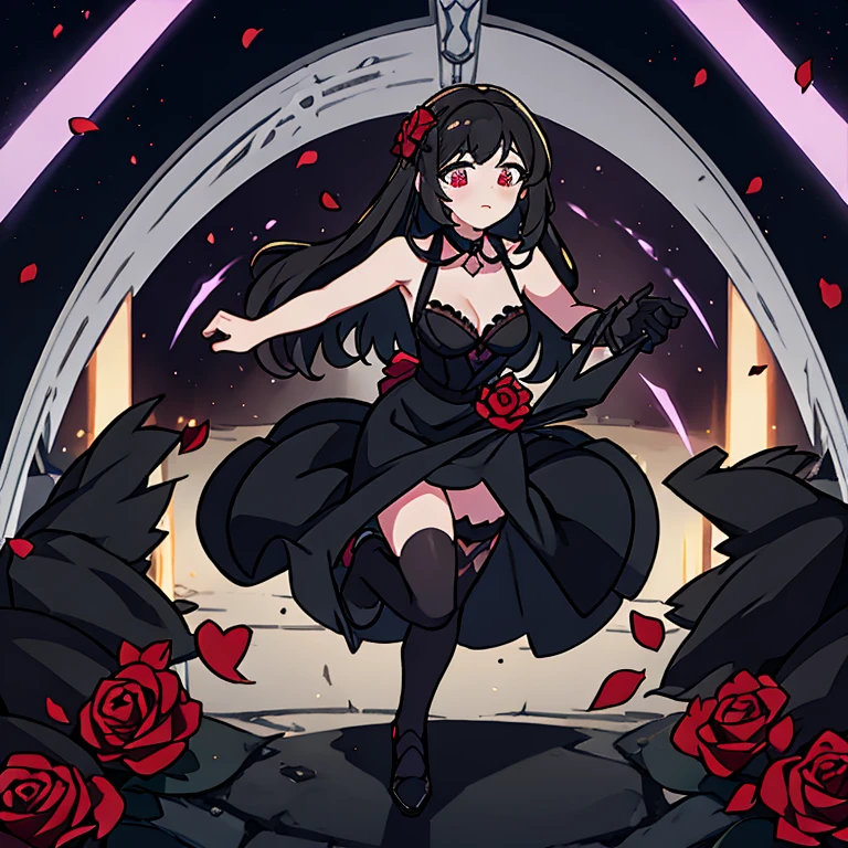 Black dress, dark hair, heels, dark eyes , a rose in her hand , rose flowers around , rose petals fly in the air , sun , black panties with a rose pattern , stockings , 8K best graphics best details 