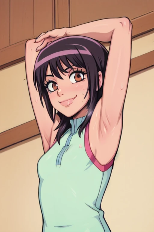 masterpiece, best quality, looking at viewer, upper body, portrait, looking at viewer, seductive smile, put your hands behind your head, armpits, armpits visible, sweaty armpits, hinata sakaguchi, very small breasts, black hair, wearing , no bra,