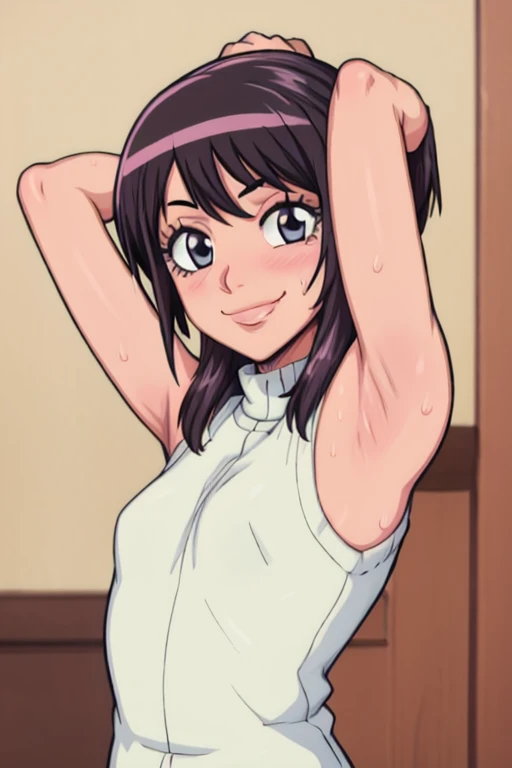 masterpiece, best quality, looking at viewer, upper body, portrait, looking at viewer, seductive smile, put your hands behind your head, armpits, armpits visible, sweaty armpits, hinata sakaguchi, very small breasts, black hair, wearing , no bra,