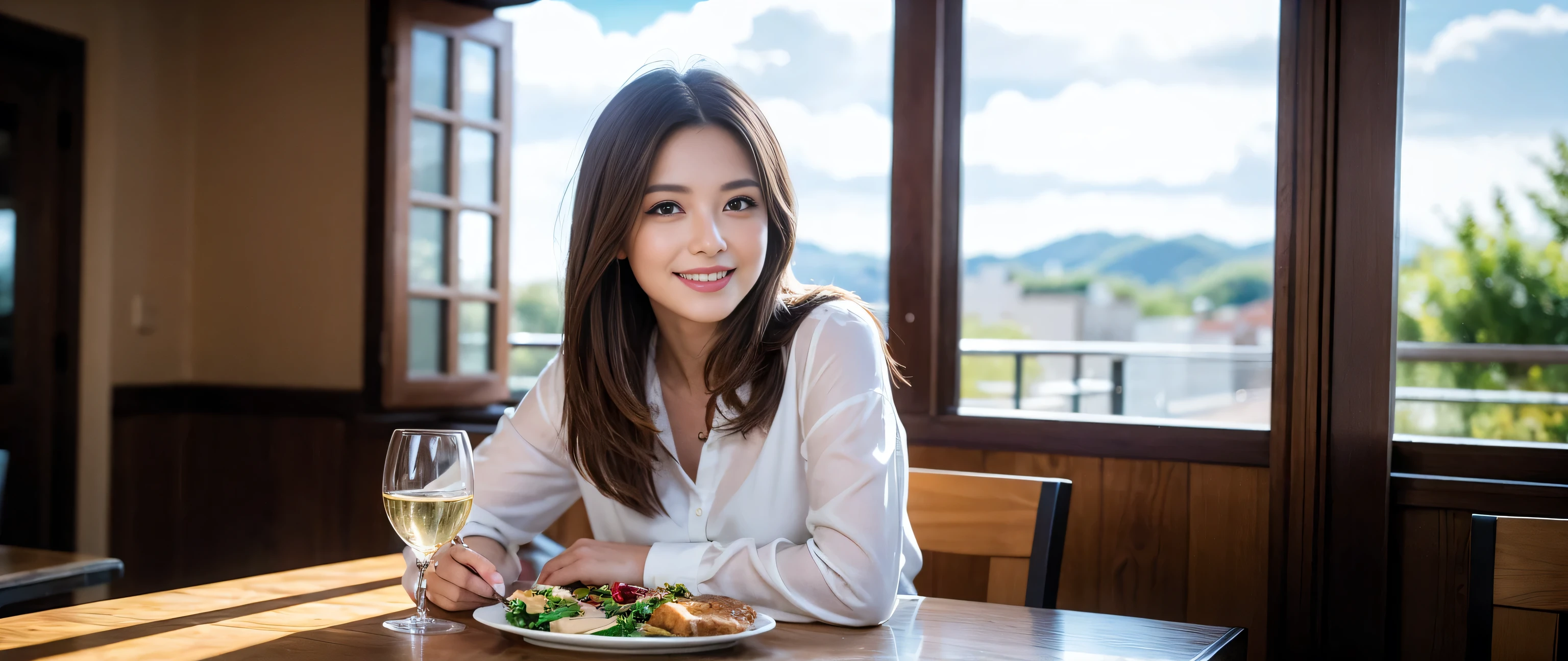 ((highest quality、8k、masterpiece:1.3))、Sharp focus:1.2、Beautiful woman perfect body:1.4、Slim body、((Bob Hale、Straight hair:1.2))、(to be born, highest quality, masterpiece:1.5), (Realistic, Intricate details:1.2), Wine glass on the table、shine a light on your face、 Amazing view of the sunset sky and clouds、Amazing mountain views、A bright smile、A lovely woman with a smile、Bright image、2. The beauty of wine, Beautiful Face, blue eyes, The light shines on your face, Blushing, short hair,Bright Face、Fox face、 (43 years old), 39 years old, Lady、red wine 、Appetizers、Italian food、Wine bottle、Champagne、sparkling wine、Two beauties、Brown Hair、Shortcuts、Long sleeve shirt、dress、Pretty Woman 1, (Slim face), (The body is slim), (Brown Hair), (Shortcuts), cheeks turn a little red,Attractive beauty、, Out of the window, A beautiful and detailed night view unfolds.........., restaurant, In a prominent place (From the waist up) Nova Frog Style, actress, model, Upper Body, White wine, slim, wine glass, A wine glass placed in the middle, smile, (smile: 1.15), Beautiful fine grain, Depth f/2,saturation, High Contrast, Strong light and shadow,Moist Body:1.5、3D texture、Delicate eyes、Brown Hair、The hair is very shiny、