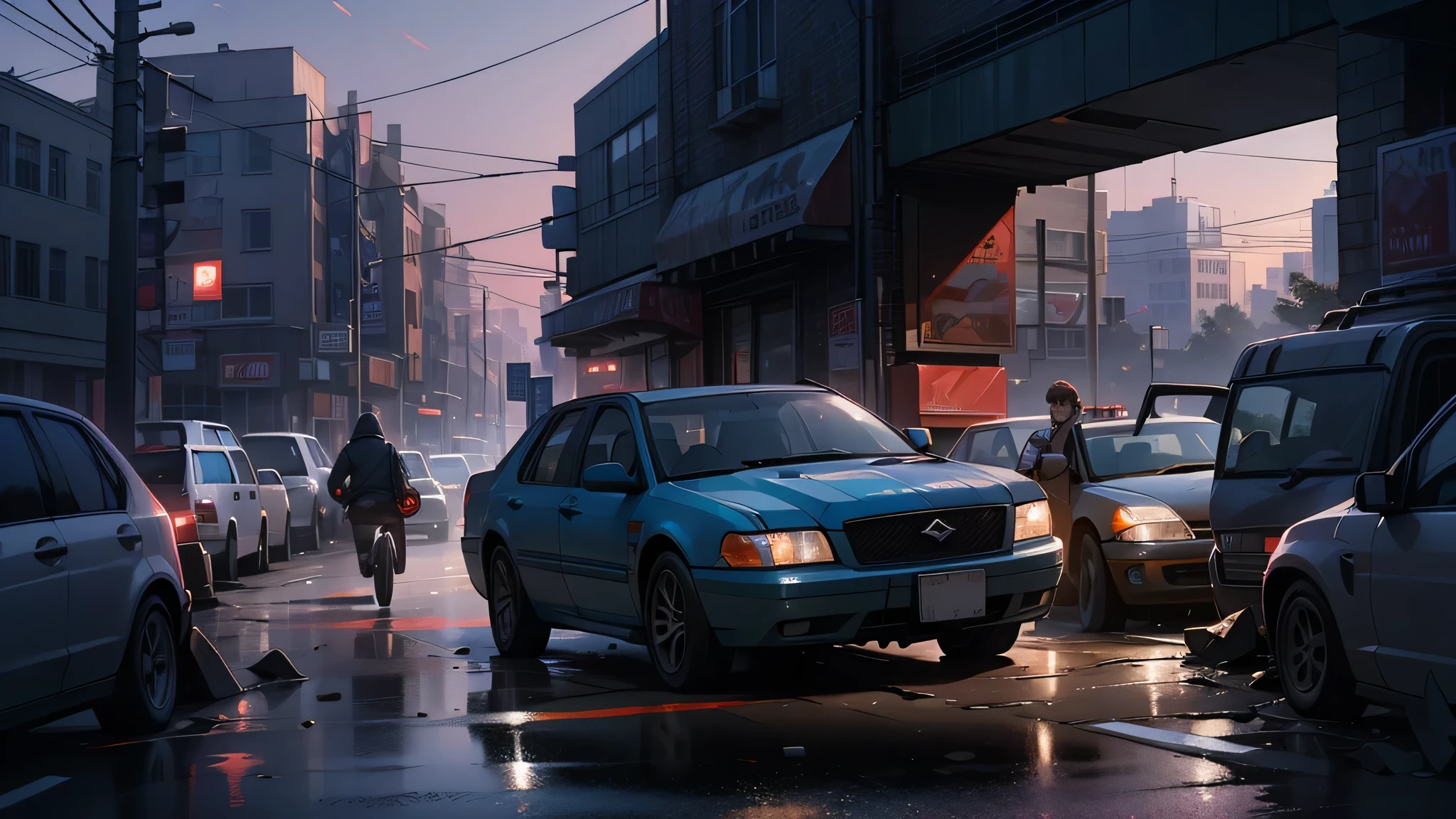 City Street,There are vehicles colliding and people running in the distance,environment:dusk