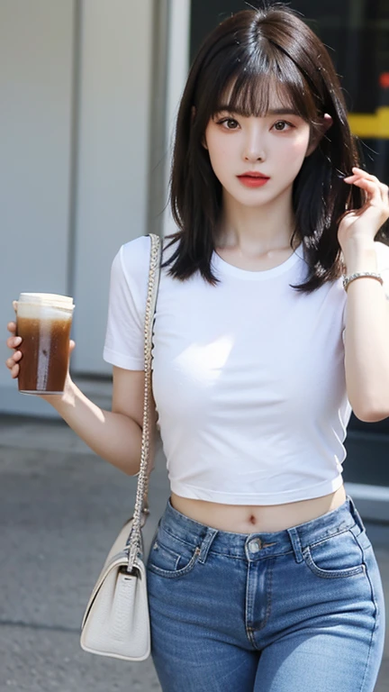 highest quality,whole body,woman,Blunt bangs,Black Hair,Short Crop Hair,Shiny Hair,With big eyes、tea,bright、Has a lively expression,健康的でbright肌の色,Small Mouth,Thick lips,Big Breasts,The thighs are a little thicker,Looking at the camera,Cinema Lighting,Oversized Long T-Shirt,Small Ass,hair band,Distressed jeans,wearing a wristband on the wrist,wearing large sunglasses,