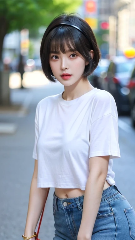 highest quality,whole body,woman,Blunt bangs,Black Hair,Short Crop Hair,Shiny Hair,With big eyes、tea,bright、Has a lively expression,健康的でbright肌の色,Small Mouth,Thick lips,Big Breasts,The thighs are a little thicker,Looking at the camera,Cinema Lighting,Oversized Long T-Shirt,Small Ass,hair band,Distressed jeans,wearing a wristband on the wrist,wearing large sunglasses,