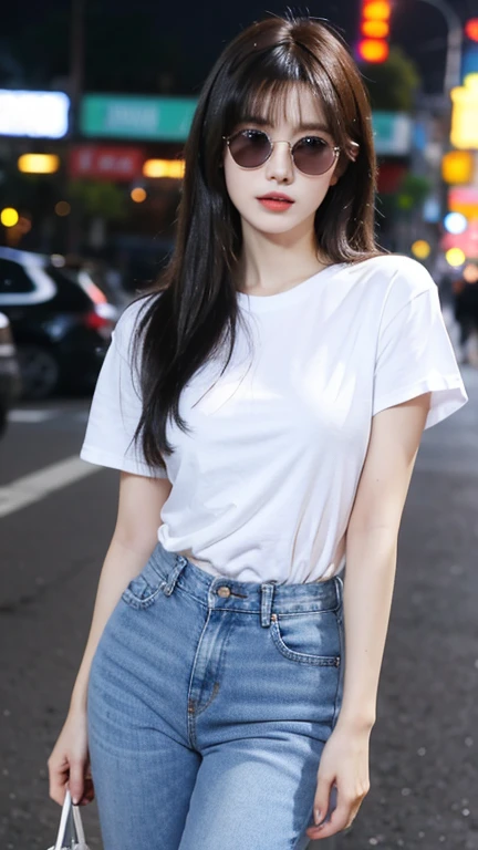 highest quality，whole body，woman，Blunt bangs，Black Hair，Short Crop Hair，Shiny Hair，With big eyes、tea，bright、Has a lively expression，健康的でbright肌の色，Small Mouth，Thick lips，Big Breasts，The thighs are a little thicker，Looking at the camera，Cinema Lighting，Oversized Long T-Shirt，Small Ass，hair band，Distressed jeans，wearing a wristband on the wrist，wearing large sunglasses，