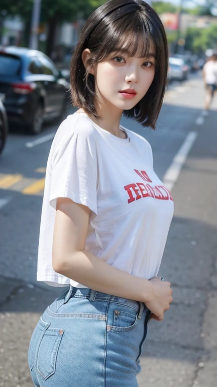 highest quality，whole body，woman，Blunt bangs，Black Hair，Short Crop Hair，Shiny Hair，With big eyes、tea，bright、Has a lively expression，健康的でbright肌の色，Small Mouth，Thick lips，Big Breasts，The thighs are a little thicker，Looking at the camera，Cinema Lighting，Oversized Long T-Shirt，Small Ass，hair band，Distressed jeans，wearing a wristband on the wrist，wearing large sunglasses，