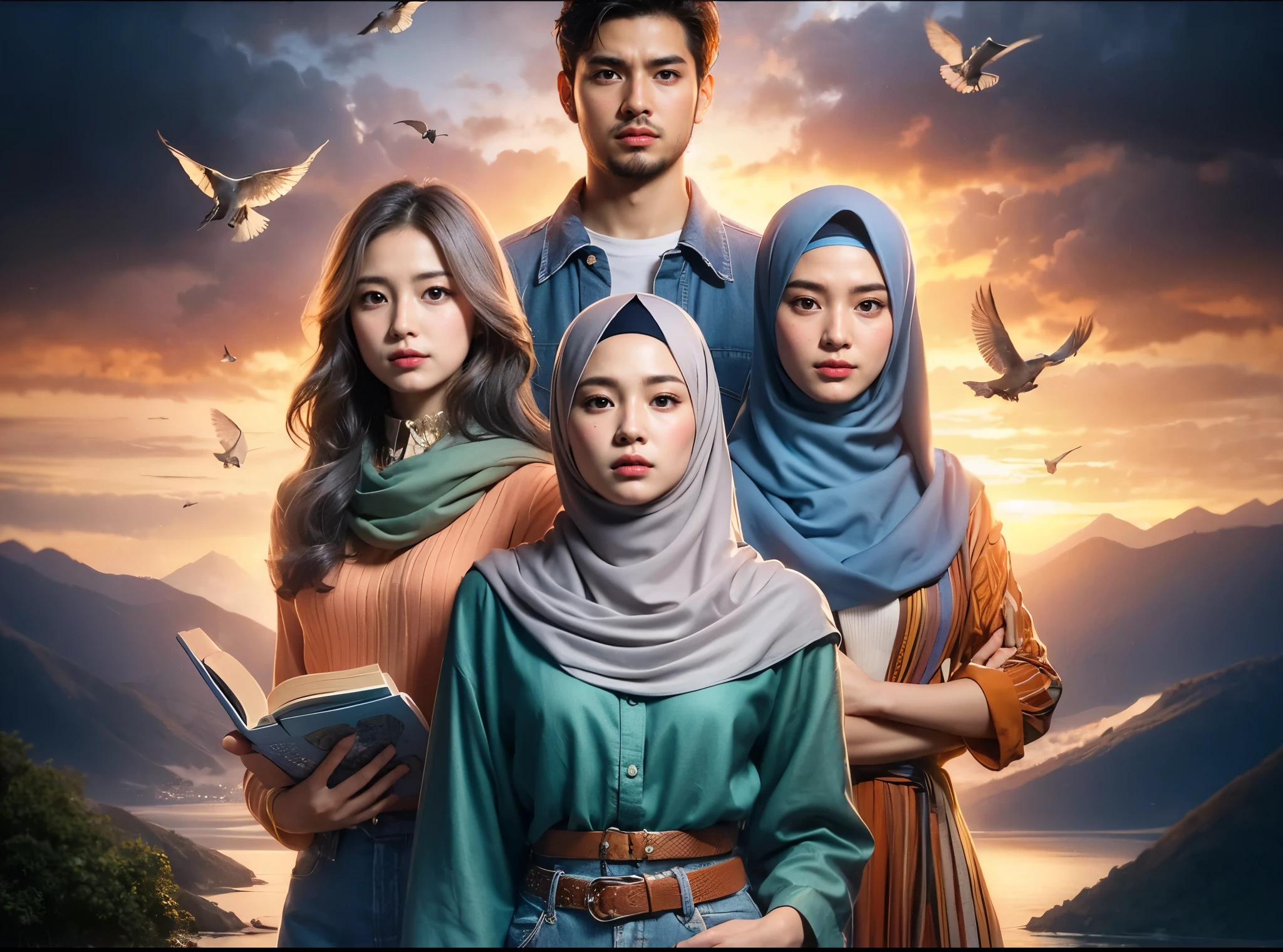 masterpiece, featuring 4 models, photography professional, ultra realistic, full body, depicting two confident and charming 20-year-old Malay women in casual Muslim trendy attire, one with long wavy cyan hair, and a confident and charming 20-year-old Malay man with short cyan hair, holding a book or another object in his hand, they pose stand up, background a beautiful mountain, birds flying around, dramatic lighting, sunset, resembling a photo from Sony 7000D