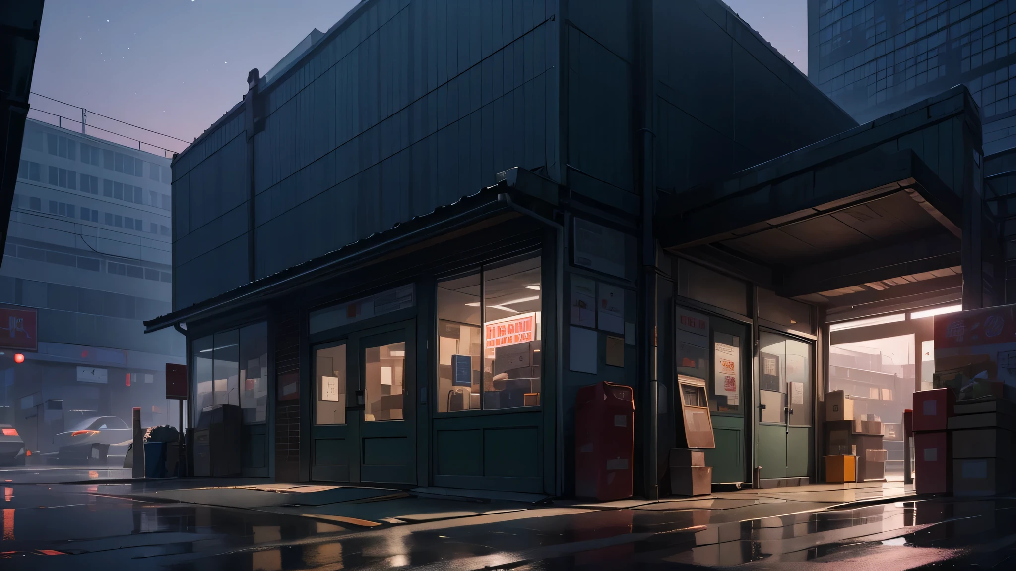 main body:Express warehouse building,Entrance,The door is opened,Viewing angle:Front Viewing angle,Close shot,environment:dusk