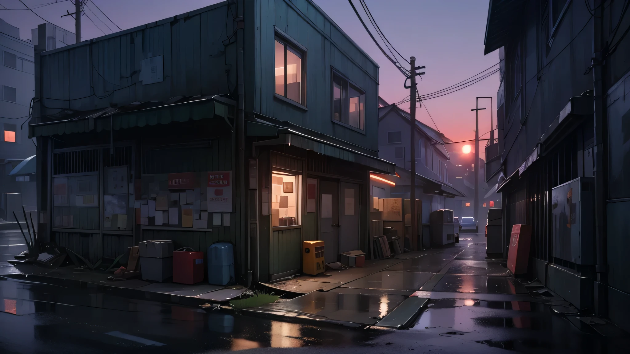 A small alley,A vacant lot,There are urban buildings in the distance,Front view,Close shot,environment:dusk