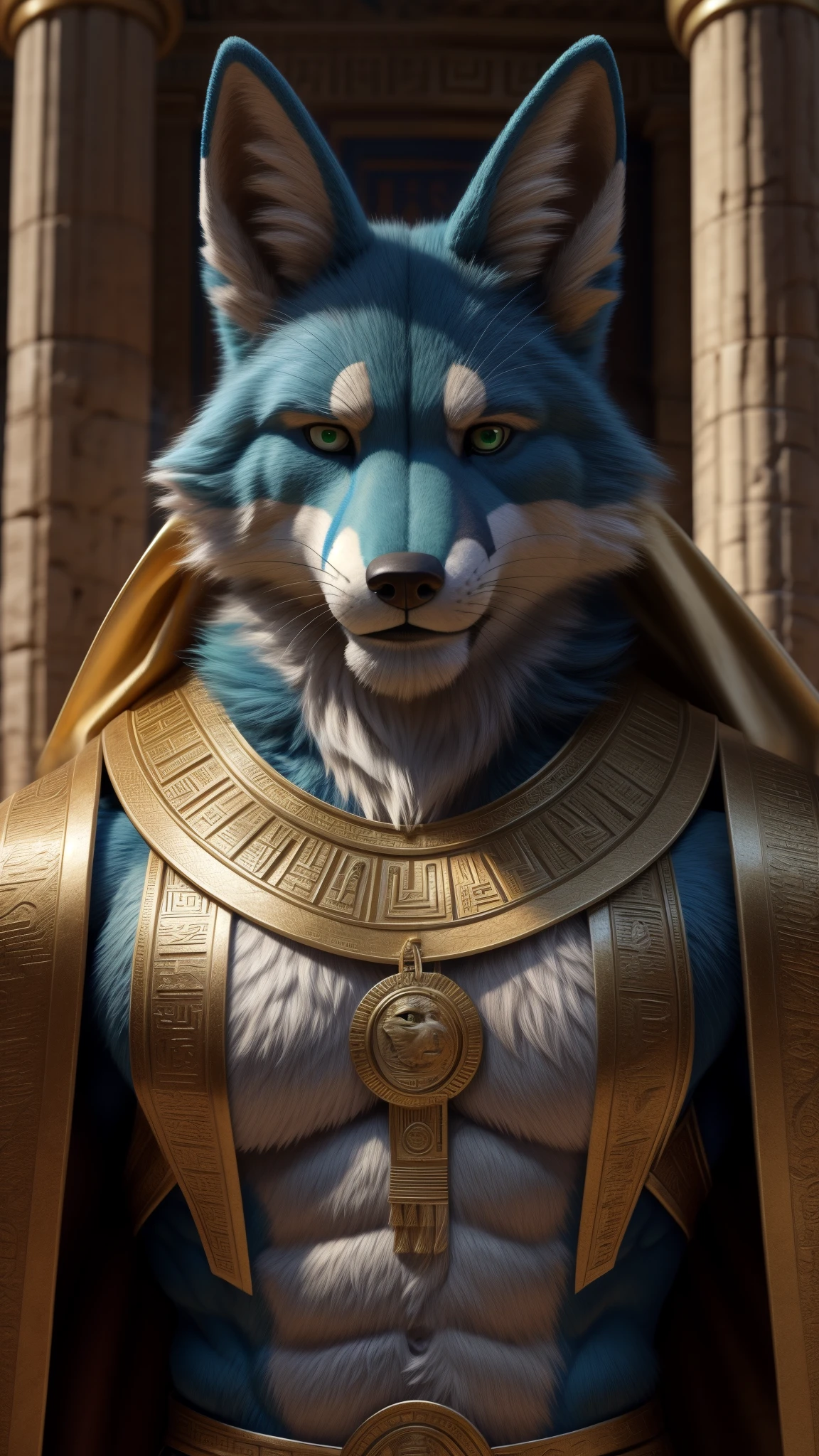 an adult muscular male Fox fursuit must probably be a very old king from Greek mythology I think he must be around 300 thousand years old he is wearing a very old outfit from ancient Greece looking at the visualized he is looking trustworthy green eyes and blue fur you can tell that he takes his role very seriously