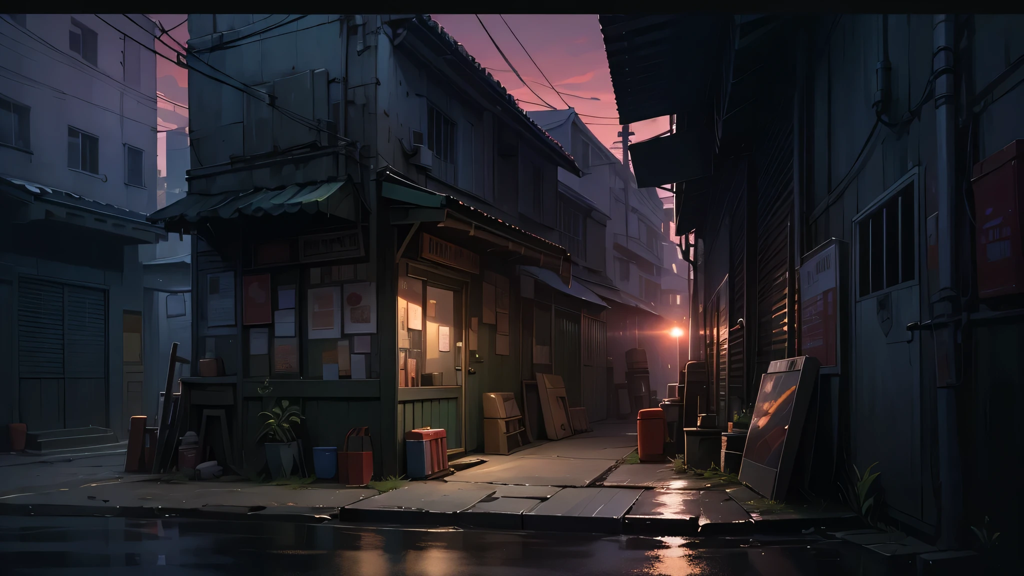 A small alley，Front view，Close shot，environment：dusk

