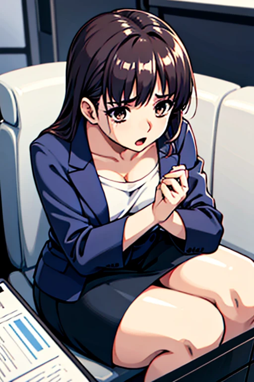 １Beautiful female protagonist、Year: 24、Height 1cm、Weight 48Kg、Japanese、officeワーカーの服装、Black pumps、Navy Skirt、Navy blue jacket、White blouse、White panties、office、train、私の隣には背の低い中Yearの男性がいた、後ろには背の低い中Yearの男性が、前にいる背の低い中Yearの男性、The female protagonist looks down、