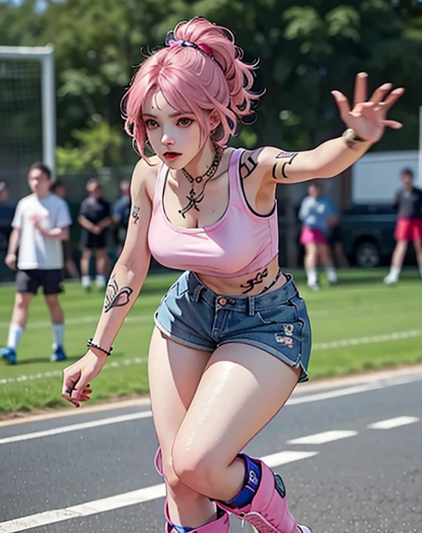 Perfect Style, Beautiful Face, Highly detailed face and skin texture, (Maximum resolution: 1.2), 1 female, alone, Hip Up, jewelry, (((He has many tattoos all over his body)), Streetwear, Play sports often, Pink Hair, Shorts, Sports boots, (((Tight waist))), ((Big Breasts))