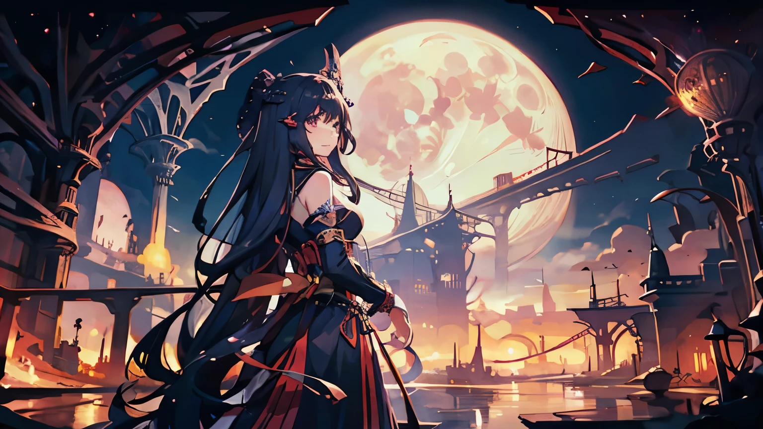 Different world、middle ages、night、factory、moon、Long Hair Girl、one person