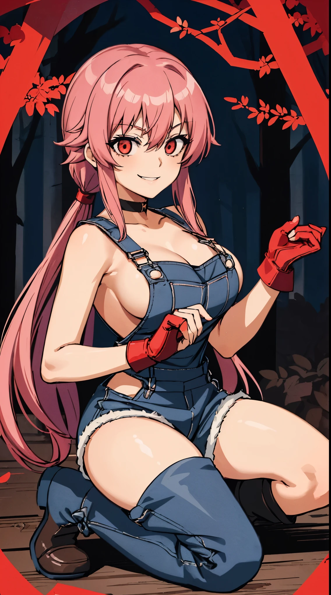 anime_still, masterpiece, best quality, 1girl, Gasai Yuno, long hair, pink hair, low twintails, smile, naked, red eyes, (large breasts:1.5),1girl, black choker, dark grey, (overalls:1.25), leather gloves, black boots, ((nigth:1.5)), (chasing you through the woods BY yuno gasai), moonlight, blood on floor, horror scane, (evil smile:1.4), (evil eyes:1.6), (horror_movies:1.5), (woods:1.6),(dark:1.7), (out_boors), blood on hands,blood stain