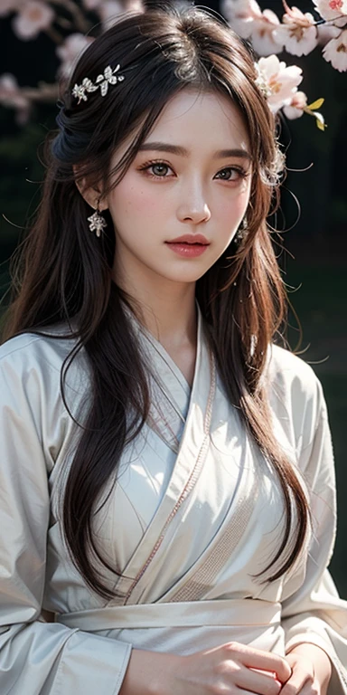 Realistic, High resolution, Soft Light,1 Female, alone, Hip Up, Glowing Skin, (Detailed face),tattoo, jewelry, Wedding Hanfu, Cherry Blossom, night, White Wavy Hair, Beautiful soldier, Eyes that beckon the viewer, Lover's point of view, Attractive expression, Sexy smile, Perfect Style, Perfect balance, Detailed skin, Mischievous Gaze, I can see your chest