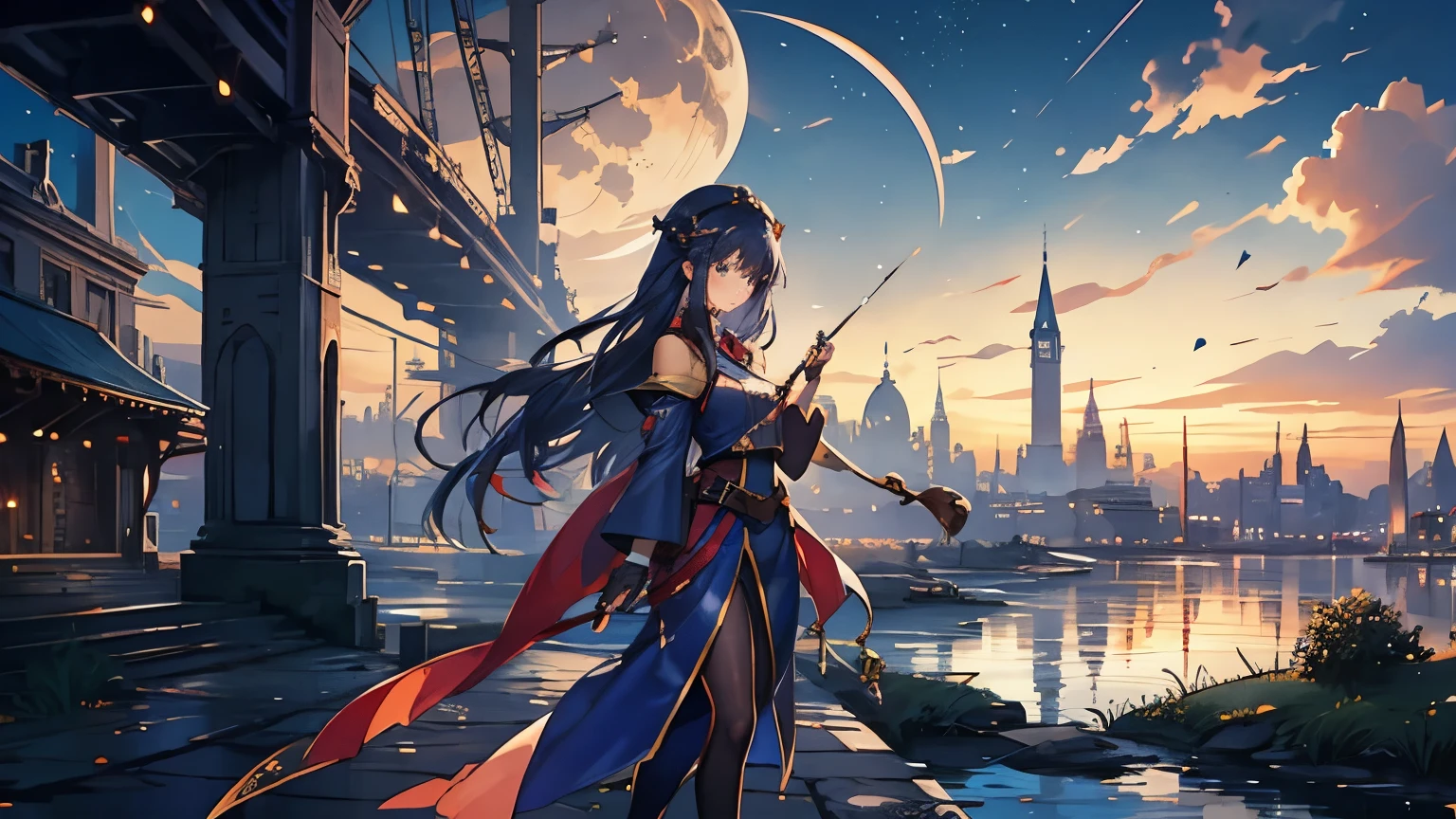 Different world、middle ages、night、Industrial city、moon、Long Hair Girl、one person
