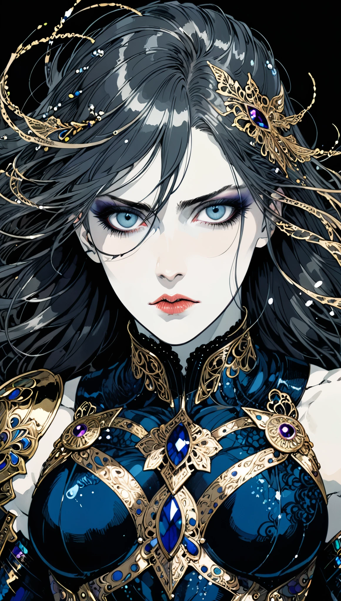 in style of Harry Clarke,muscular female,character concept design,half body,paladin,contemptuous eyes,loose long flying hair,heroic,momentum,boldness,dynamic action,an expression of contempt,a faint sneer hung on the corner of his mouth,