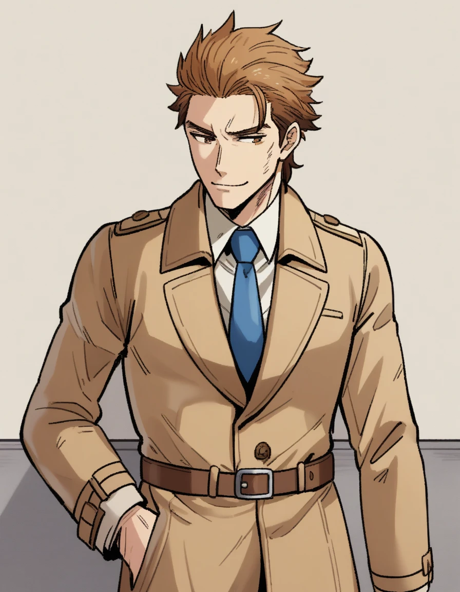 1man, detailed shabby mature, ordinary detective, tired wavy slicked back spiked hair, yellow-brown hair, heavy weight, shihaku eyes, light-brown eyes, short stubble, rough skin, Oval-shaped head, dandy, ugly face, solo, white collared_shirt, blue necktie, beige trench_coat, dark worn-out suit, teasing smile, standing, in retro eroge style, visual novel, 1970s, VHS quality, masterpiece, best quality