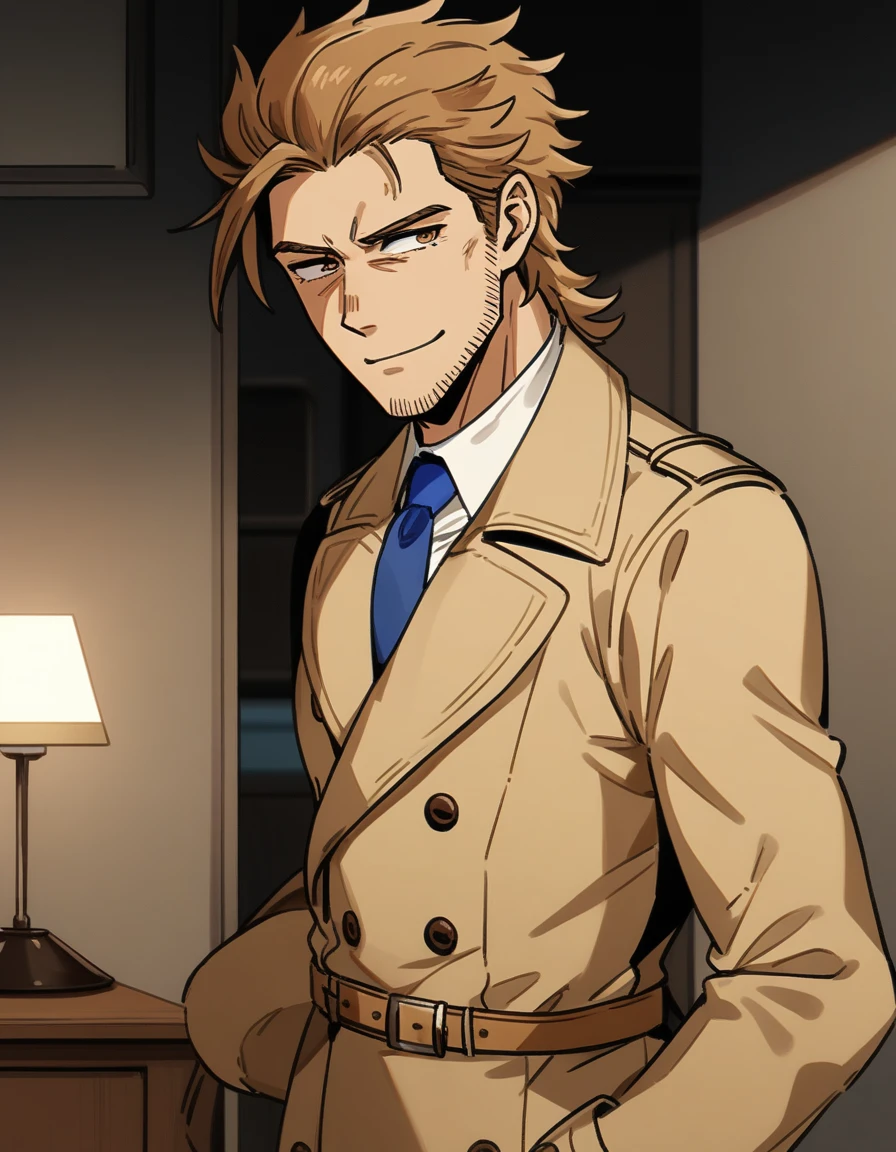 1man, detailed shabby mature, ordinary detective, tired wavy slicked back spiked hair, yellow-brown hair, heavy weight, shihaku eyes, light-brown eyes, short stubble, rough skin, Oval-shaped head, dandy, ugly face, solo, white collared_shirt, blue necktie, beige trench_coat, dark worn-out suit, teasing smile, standing, in retro eroge style, visual novel, 1970s, VHS quality, masterpiece, best quality