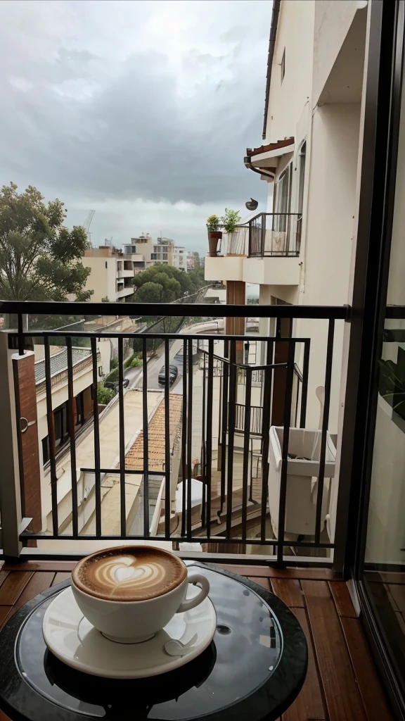A balcony with a cup of coffe in the table and the rain outside
