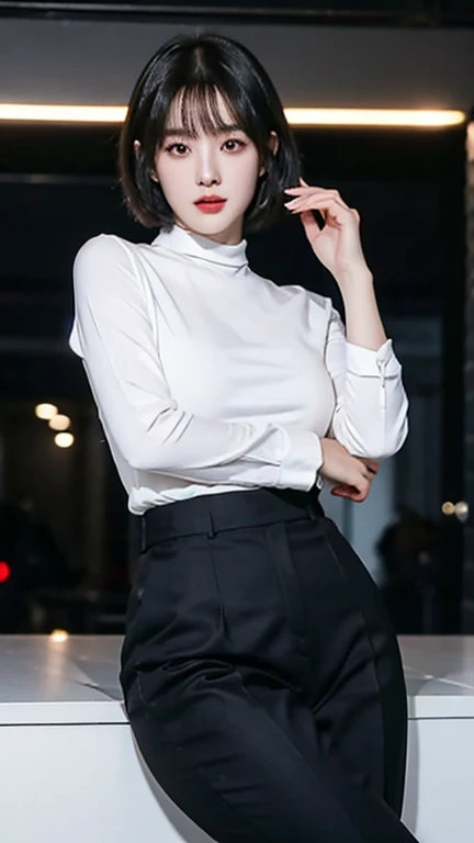 highest quality,whole body,woman,Blunt bangs,Black Hair,Short Crop Hair,Shiny Hair,bright、Has a lively expression,健康的でbright肌の色,Small Mouth,Thick lips,Big Breasts,The thighs are a little thicker,Looking at the camera,Cinema Lighting,Black suit,Black slacks, White shirt,Black tie,Small Ass,,Wearing black sunglasses,