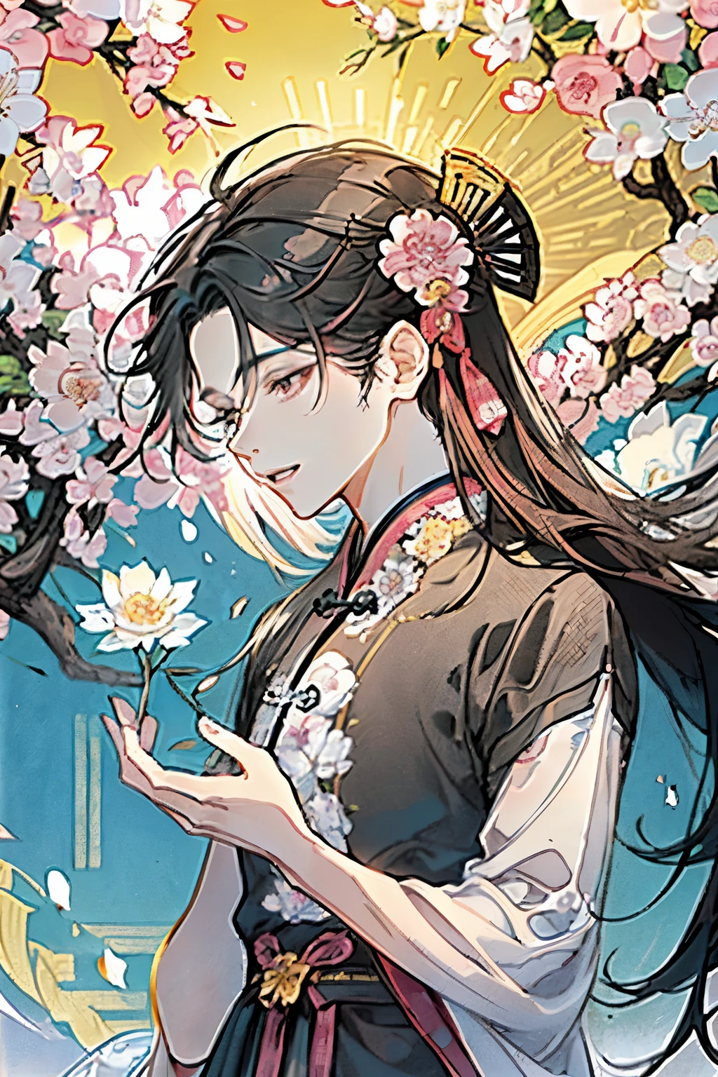 ((Two young men around 18 years old)),(Black Hair:1.3),(Long Hair:1.3),(Ancient Chinese style long-hemmed Hanfu-like clothing:1.5),(Pink and white and yellow and light blue),((Close-up of face:1.1)),