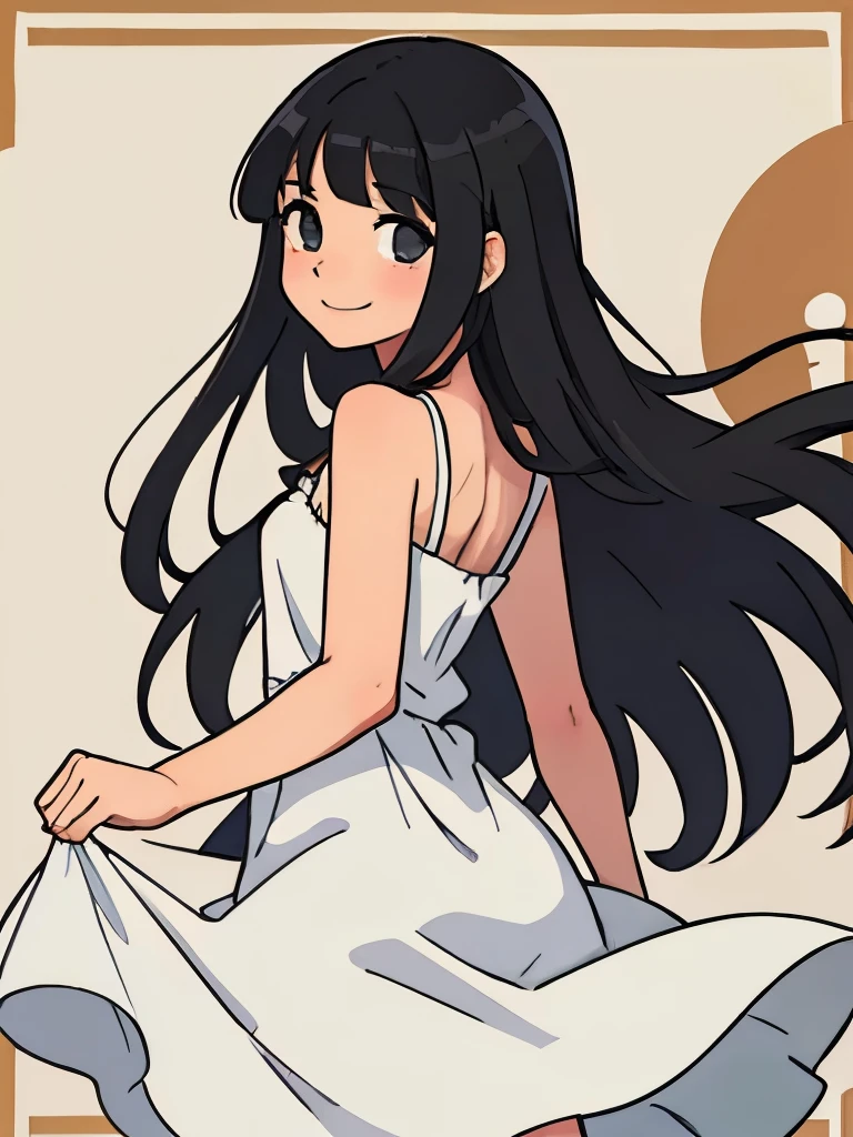 Perfect anile illustration, of a girl having long black hair with bangs wearing a cute sundress, posing while looking back smiling lightly