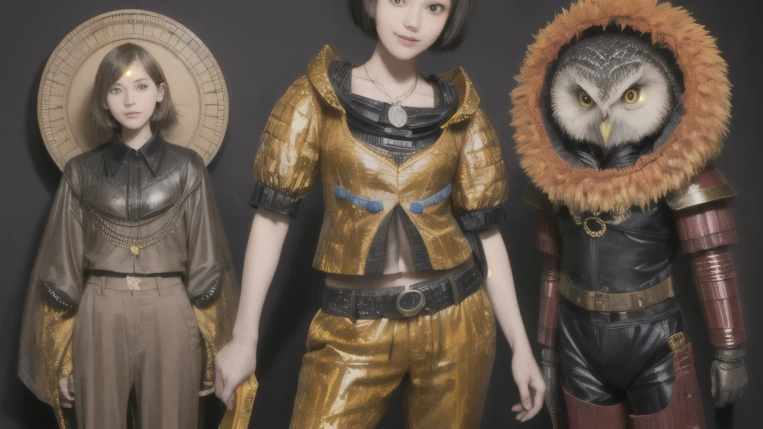 224 Short Hair, 20-year-old woman, A kind smile, (There are also colorful owls), (Rembrandt-style painting), ((machinery suit,Clothes with short sleeves)),I can see your abs