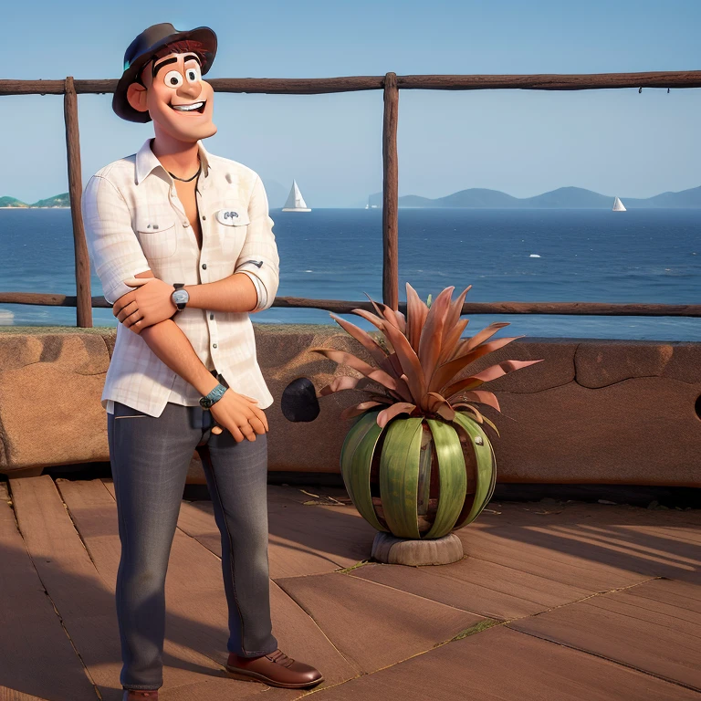 homem sorrindo estilo pixar alta qualidade, melhor qualidade, wearing black panama hat, watch and a bracelet, olhando para o horizonte. Ao lado de uma planta, on top of a building with the sea behind.
