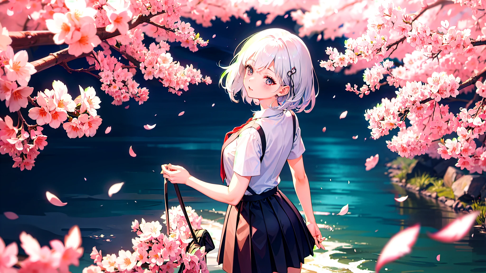 One girl、super quality、Looking up at the scenery of cherry blossoms in full bloom、A high school girl looking back at me、Nice body、the skirt is short,、Ultra HD、amazing