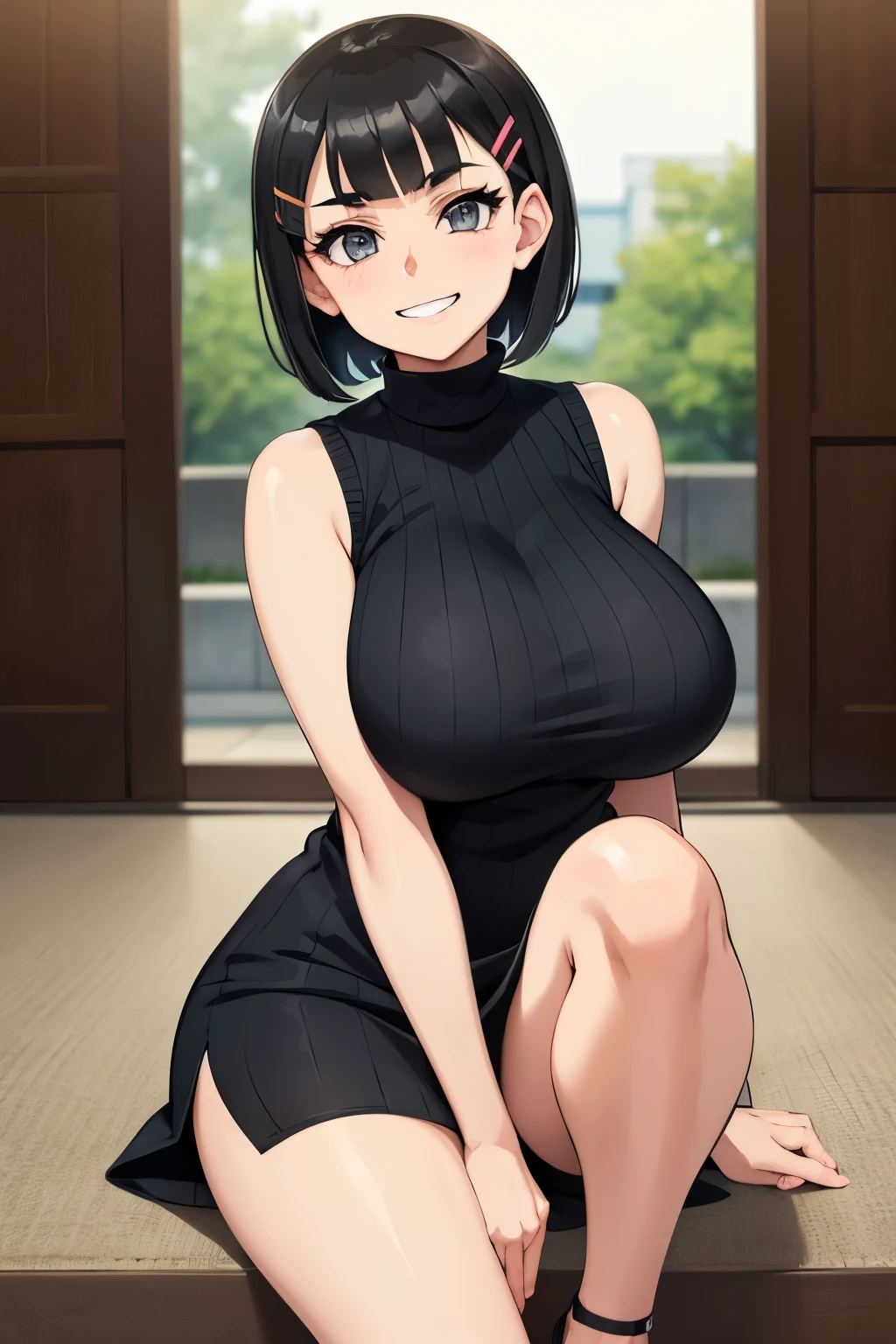 1 hot girl, dark hair, dark grey eyes, grin, gorgeous, kirigaya suguha, short hair, hairclip, sweater dress, sleeveless, bare legs, huge breasts