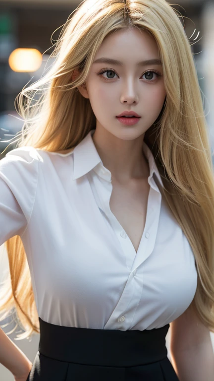 highest quality,26 years old,woman,Long Hair,blonde,Soft wavy hairstyle,With big eyes、green,bright、Has a lively expression,健康的でbright肌の色,Thick lips,From below,whole body,Looking at the camera,Cinema Lighting,street,Sexy,Big Breasts,Cinema Lighting,Staring at the camera provocatively,Black Suit,Black slacks,White shirt,Chest open,Black sunglasses,