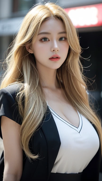 highest quality，26 years old，woman，Long Hair，blonde，Soft wavy hairstyle，With big eyes、green，bright、Has a lively expression，健康的でbright肌の色，Thick lips，From below，whole body，Looking at the camera，Cinema Lighting，street，Sexy，Big Breasts，Cinema Lighting，Staring at the camera provocatively，Black Suit，Black slacks，White shirt，Chest open，Black sunglasses，