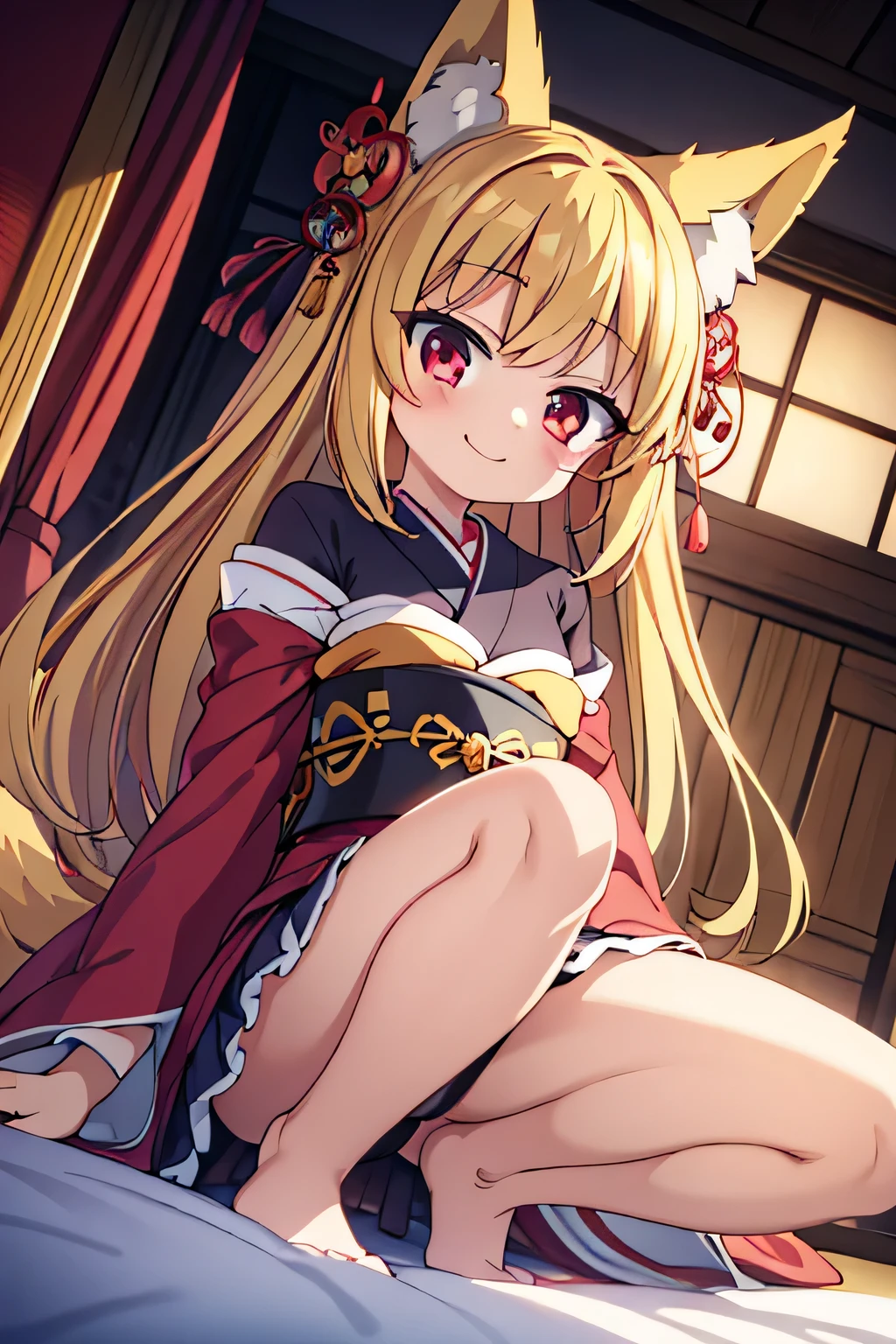 highest quality、smile、mini skirt、Angle from below、Fox ears、Long blonde、Red Eye、kimono、Japanese-style room