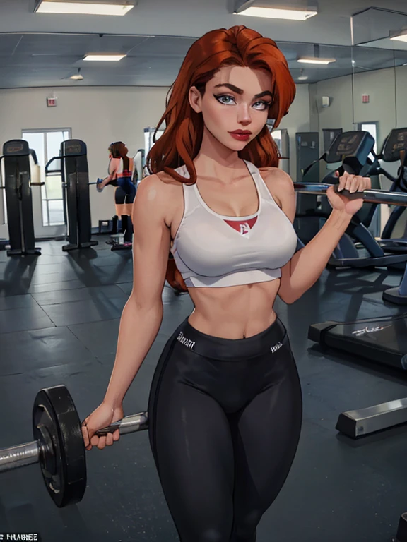 Generate a very realistic full body image of a 20 year old red hair girl in the middle of her fitness journey. Capture the athletic prowess of this woman with perfect teeth and lips that remind you, she is 1.70 meters tall and weighs 68 kilograms, she looks straight into the camera with her entire body. Illustrate her participating in a weight lifting session at the gym looking straight into the camera, with long cascading hair that reaches the middle of her back. She highlights her white skin, the scene as captured by an iPhone 13 camera, emphasizing the natural and realistic qualities of her presence at the gym. She has no tattoos, she wears black leggings. The gym must be large and elegant and very realistic. Her entire body is facing the camera. She can see his beautiful navel and his knees, she has crystal blue eyes and eyelashes, bubble butt, full body shows her bbutt