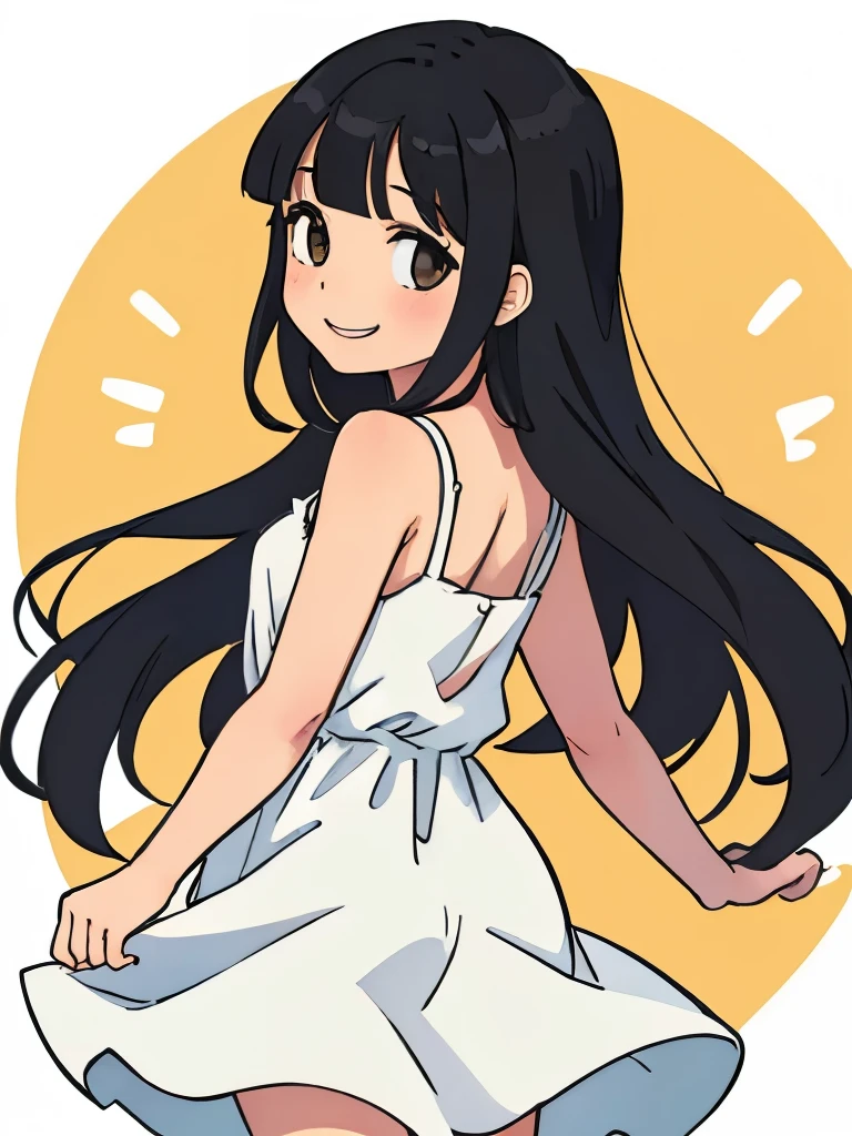 Perfect anile illustration, of a girl having long black hair with bangs wearing a cute sundress, posing while looking back smiling lightly