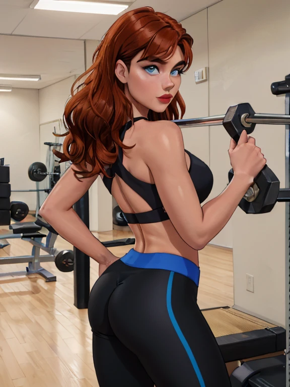 Generate a very realistic full body image of a 20 year old red hair girl in the middle of her fitness journey. Capture the athletic prowess of this woman with perfect teeth and lips that remind you, she is 1.70 meters tall and weighs 68 kilograms, she looks straight into the camera with her entire body. Illustrate her participating in a weight lifting session at the gym looking straight into the camera, with long cascading hair that reaches the middle of her back. She highlights her white skin,  the scene as captured by an iPhone 13 camera, emphasizing the natural and realistic qualities of her presence at the gym. She has no tattoos, she wears black leggings. The gym must be large and elegant and very realistic. Her entire body is facing the camera. She can see his beautiful navel and his knees, she has crystal blue eyes  and eyelashes, bubble butt, full body shows her bbutt