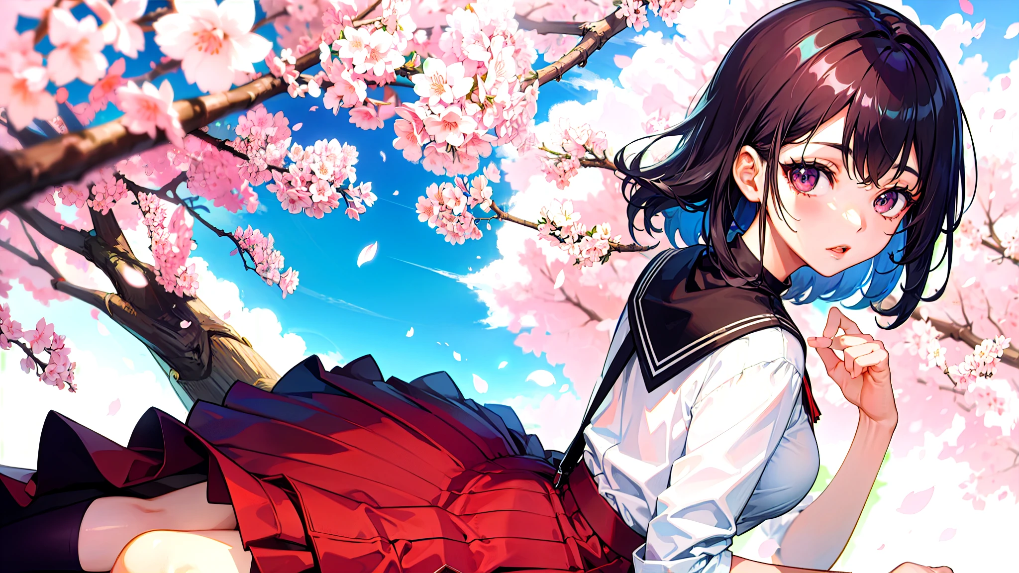One girl、super quality、Looking up at the scenery of cherry blossoms in full bloom、A high school girl looking back at me、Nice body、the skirt is short,、Ultra HD、amazing