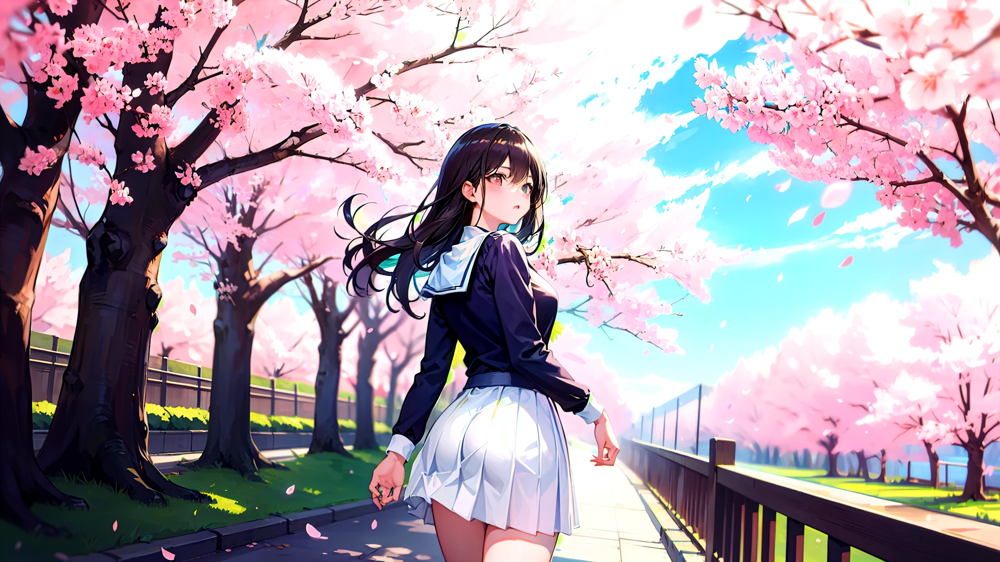 One girl、super quality、Looking up at the scenery of cherry blossoms in full bloom、A high school girl looking back at me、Nice body、the skirt is short,、Ultra HD、amazing