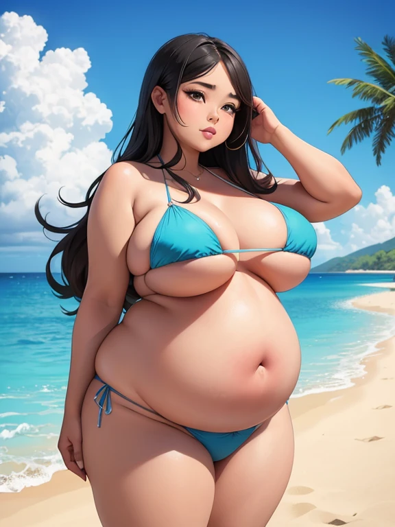 Steong Polynesian woman, big cheeks, bikini, Big lips, double chin, chubby body,bbw, morbidly obese, fat rolls, pregnant belly, weight gain, beach